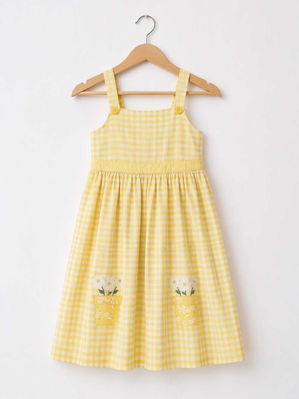 Vintage Gymboree Girls Yellow Gingham Flower Pot Dress Cottagecore Patchwork